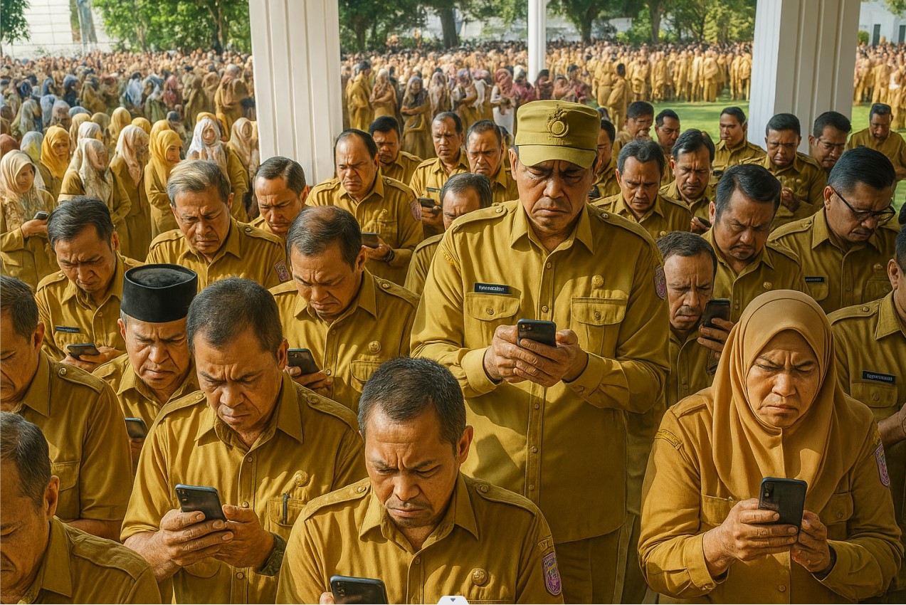 Ilustrasi Ai-Ratusan Pegawai saat menatap layar handphone/Ulanda.id