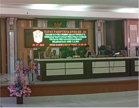 DPRD Kabupaten Gorontalo Utara secara resmi menyetujui Rancangan Peraturan Daerah (Ranperda) tentang Pertanggungjawaban Pelaksanaan Anggaran Pendapatan dan Belanja Daerah (APBD) Tahun Anggaran 2024 dalam Rapat Paripurna ke-24, Senin (28/7/2025).