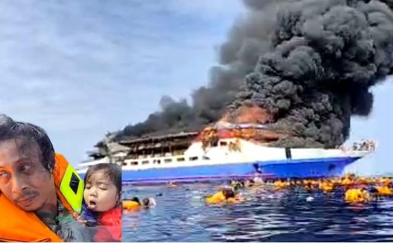 Tangkapan Layar : Peristiwa Kapal Barcelona V terbakar diperairan sulawesi Utara - Manado, Minggu, 20/07 (foto : tangkapa layar / Ulanda.id