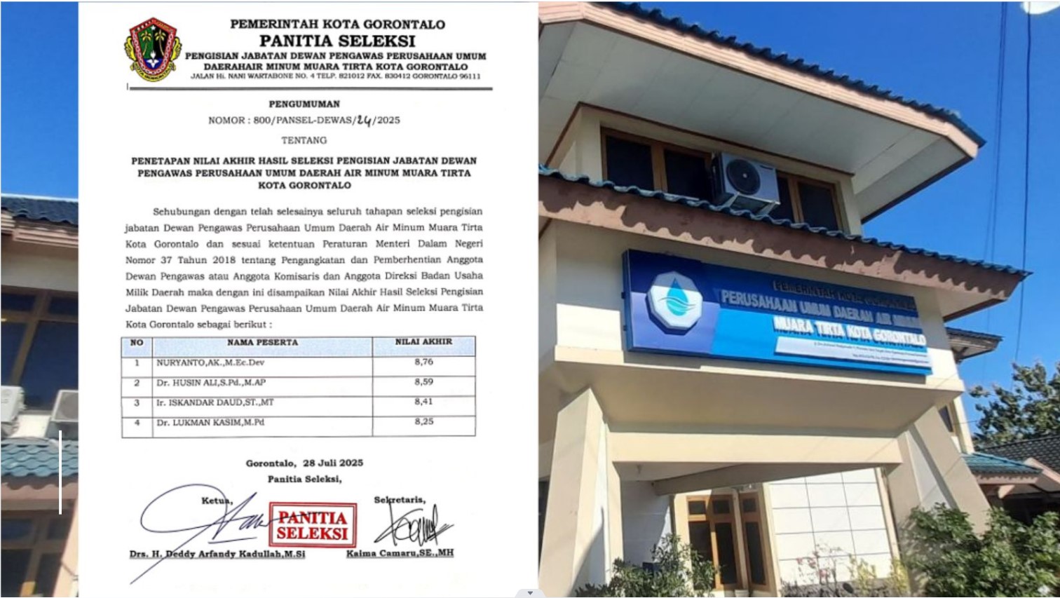 Pemerintah Kota Gorontalo melalui Panitia Seleksi (Pansel) resmi mengumumkan hasil akhir seleksi pengisian jabatan Dewan Pengawas Perusahaan Umum Daerah (Perumda) Air Minum Muara Tirta