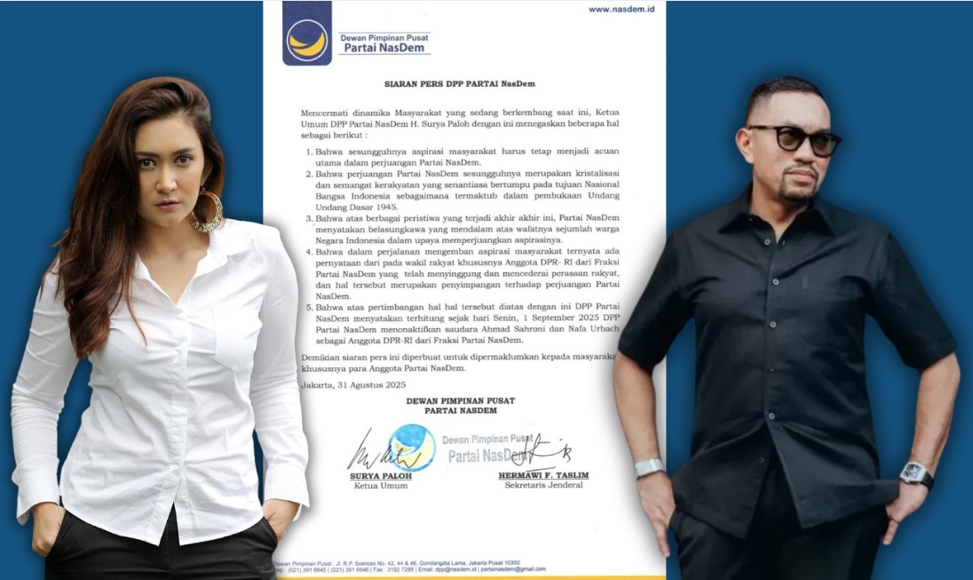 Dewan Pimpinan Pusat (DPP) Partai NasDem secara resmi menonaktifkan Ahmad Sahroni dan Nafa Urbach sebagai anggota DPR-RI dari Fraksi Partai NasDem/Ulanda.id