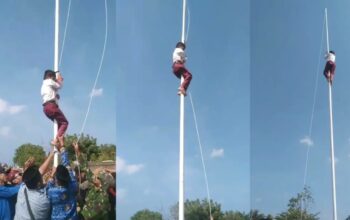 Aksi Bocah SD di Lampung Raihan Diaz , Naik Tiang Demi Merah Putih Tetap Berkibar/Ulanda.id