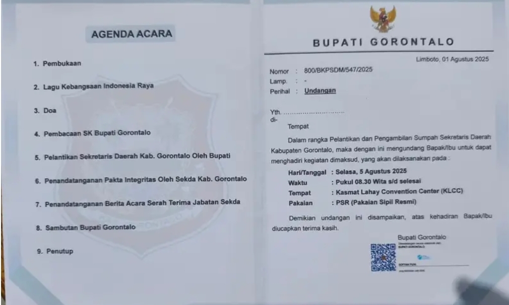 Undangan pelantikan Sekda Kabgor Sugondo Makmur