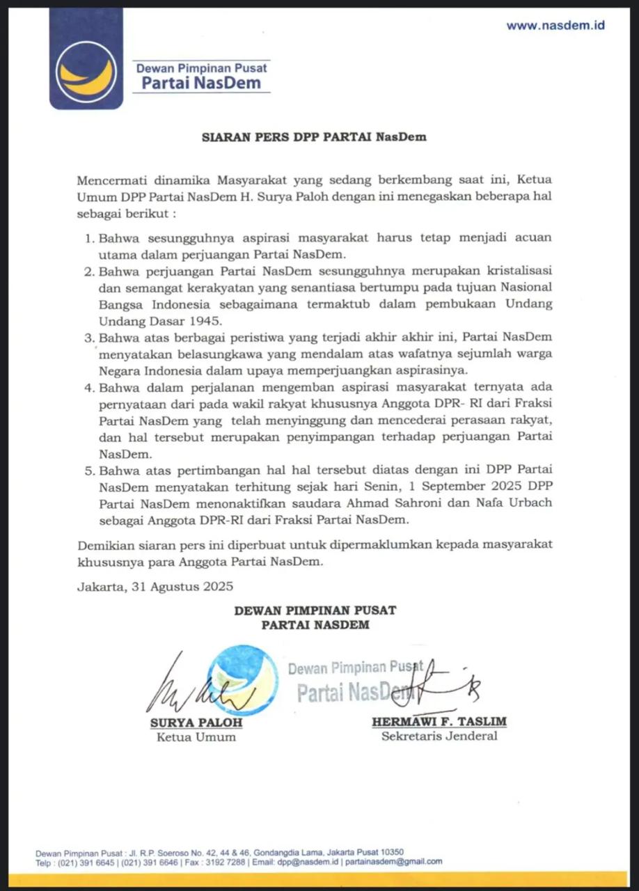 Surat DPP Nasdem tentang pemecatana Ahmad Sahroni dan Nafa Urba/Ulanda.id