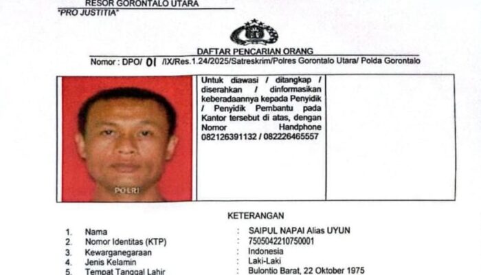 Polisi Tetapkan SN Pelaku Penikaman Istri di Gorontalo Utara Jadi DPO