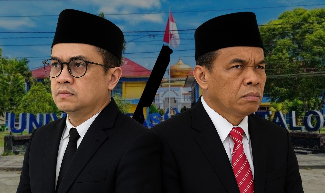 Rektor Universitas Gorontalo (UG) Dr. Sofyan Abdullah dengan Mohamad Rolly Paramata Ketua Yayasan Duluwo Limo Lo Pohalaa (DLP) Gorontalo. (Foto:Ilustrasi ai)/Ulanda.id