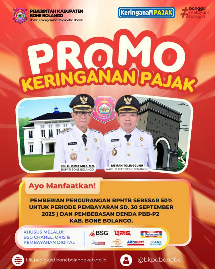 Pemberian pengurangan BPHTB sebesar 50% untuk periode pembayaran sampai dengan 30 September 2025 dan pembebasan denda PBB-P2 Kabupaten Bone bolango/Ulanda.id